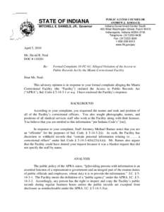 STATE OF INDIANA MITCHELL E. DANIELS, JR., Governor PUBLIC ACCESS COUNSELOR ANDREW J. KOSSACK Indiana Government Center South