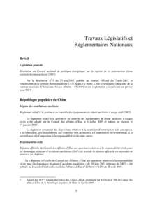 Travaux Législatifs et Réglementaires Nationaux Brésil Législation générale Résolution du Conseil national de politique énergétique sur la reprise de la construction d’une centrale thermonucléaire (2007)