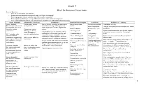 GRADE 7 ERA 1 The Beginnings of Human Society Essential Questions: • What do we know about early humans? • In what ways did humans develop tools to help control their environment? • How do geography, climate, and o