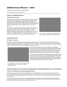 GHRAB Award Winners[removed]GEORGIA HISTORICAL RECORDS ADVISORY BOARD 2004 Outstanding Archives Award Winners Award for Legislative Advocacy Honorable Gail M. Buckner