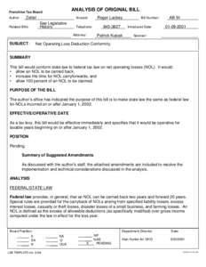 Assembly Bill 91 Net Operating Losss Deduction Conformity Introduced[removed]