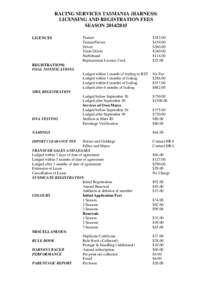 RACING SERVICES TASMANIA (HARNESS) LICENSING AND REGISTRATION FEES SEASON[removed]LICENCES  Trainer