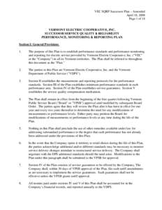 VEC SQRP Successor Plan – Amended April 18, 2008 Page 1 of 14 VERMONT ELECTRIC COOPERATIVE, INC. SUCCESSOR SERVICE QUALITY & RELIABILITY