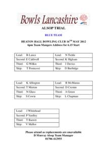 ALSOP TRIAL BLUE TEAM HEATON HALL BOWLING CLUB 16TH MAY 2012 6pm Team Mangers Address for 6.15 Start  Lead: