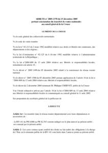 ARRETE n° [removed]du 15 décembre 2005 portant constatation du transfert de routes nationales au conseil général de la Creuse