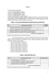 ANUNŢ I. Comisia de concurs compusă din: 1. Prof.univ.dr. PRUNĂ ŞTEFAN – Preşedinte 2. Prof.univ.dr. TOMA GHEORGHE – Membru 3. Prof.univ.dr. DUMITRU DANIEL – Membru 4. Prof.univ.dr. COMAN FLORIAN – Membru