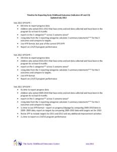 Timeline for Reporting Early Childhood Outcomes (Indicators B7 and C3) Updated July 2012 Feb 2013 SPP/APR – • 6th time to report progress data • children who exited[removed]that have entry and exit data collected