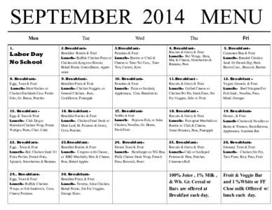 SEPTEMBER 2014 MENU 1. Mon Mon Mon