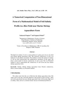 Adv. Studies Theor. Phys., Vol. 5, 2011, no. 4, [removed]A Numerical Computation of Non-Dimensional Form of a Mathematical Model of Soil Salinity Profile in a Rice Field near Marine Shrimp Aquaculture Farm