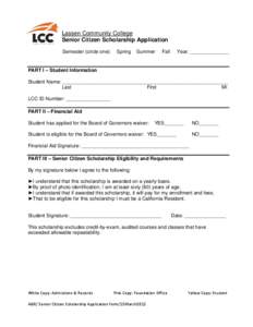 Lassen Community College Senior Citizen Scholarship Application Semester (circle one): Spring