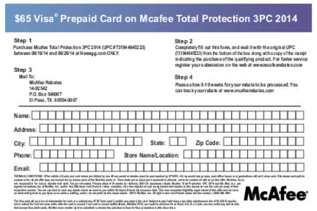 ®  $65 Visa Prepaid Card on Mcafee Total Protection 3PC 2014 Step 1  Step 2