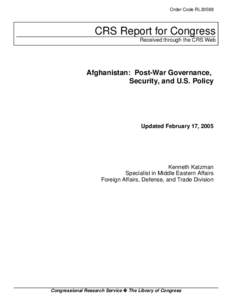 Afghanistan: Post-War Governance, Security, and U.S. Policy