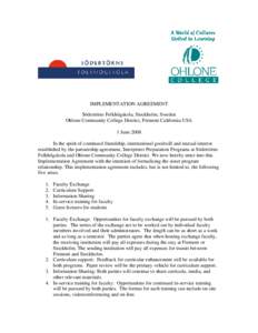 Implementation Agreement - Sodertorns Folkhogskola Sister College - Ohlone College