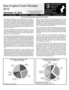 New England Cash Receipts 2012 December 15, [removed]Farm Cash Receipts down 2 percent in New England New England cash receipts from farm marketings totaled $2.702 billion in 2012, a decrease of $67 million from the rev