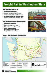 Freight Rail in Washington State Class I Railroads: BNSF and UP 1.	Privately owned enterprises. 2.	Fund their own system improvements. 3.	Own the majority of the rail infrastructure. 4.	Occasionally partner with the publ