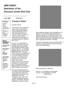 BIRD SONGS  Newsletter of the Discovery Center Bird Club June, 2009 In This Issue: