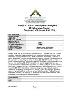 Eastern Ontario Development Program Collaborative Project Statement of Interest April 2014 PROJECT TITLE PROJECT LEAD ADDRESS