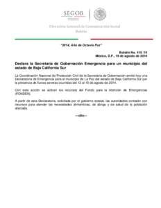 Dirección General de Comunicación Social Boletín “2014, Año de Octavio Paz” Boletín No[removed]México, D.F., 19 de agosto de 2014