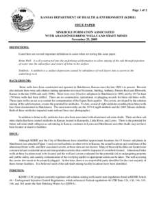 Page 1 of 2 KANSAS DEPARTMENT OF HEALTH & ENVIRONMENT (KDHE) ISSUE PAPER SINKHOLE FORMATION ASSOCIATED WITH ABANDONED BRINE WELLS AND SHAFT MINES November 25, 2009