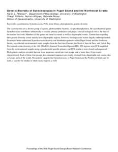 BACK Genetic diversity of Synechococcus in Puget Sound and the Northwest Straits Karen L. Peterson*, Department of Microbiology, University of Washington Cheryl Williams, Nathan Ahlgren, Gabrielle Rocap School of Oceanog