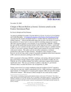 Institute for Science and International Security ISIS REPORT November 30, 2009 Critique of Recent Bulletin of Atomic Scientists article on the Fordow Enrichment Plant