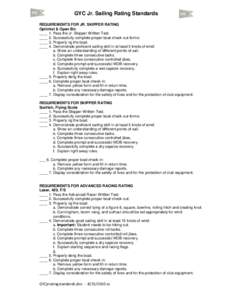 GYC Jr. Sailing Rating Standards REQUIREMENTS FOR JR. SKIPPER RATING Optimist & Open Bic ____ 1. Pass the Jr. Skipper Written Test. ____ 2. Successfully complete proper boat check-out forms: ____ 3. Properly rig the boat