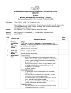 Mt Waddington Health System Stabilization Local Working Group (MWLWG) Minutes Monday September 23, 2013 6:00 pm – 9:00 pm Community Futures #14 – 311 Hemlock, Port McNeill, BC Attendees: