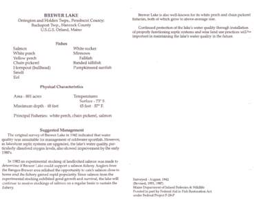 BREWER LAKE Orrington and Holden Twps., Penobscot County; Bucksport Twp., Hancock County U.S.G.S. Orland, Maine  Brewer Lake is also well-known for its white perch and chain pickerel