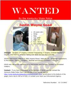 Wanted By the Kentucky State Police Justin Wayne Goad  