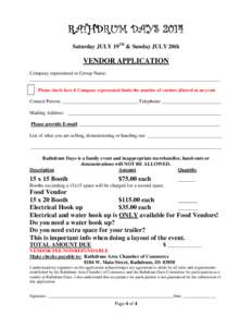 RATHDRUM DAYS[removed]Saturday JULY 19TH & Sunday JULY 20th VENDOR APPLICATION Company represented or Group Name: