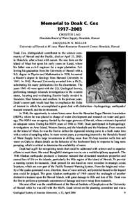 Memorial to Doak C. Cox 1917–2003 CHESTER LAO Honolulu Board of Water Supply, Honolulu, Hawaii JACQUELIN N. MILLER University of Hawaii at M noa, Water Resources Research Center, Honolulu, Hawaii