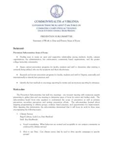 COMMONWEALTH of VIRGINIA GOVERNOR TERRY MCAULIFFE’S TASK FORCE ON COMBATING CAMPUS SEXUAL VIOLENCE CHAIR ATTORNEY GENERAL MARK HERRING  PREVENTION SUBCOMMITTEE