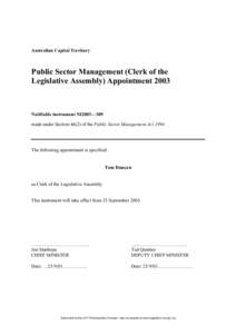 Australian Capital Territory  Public Sector Management (Clerk of the Legislative Assembly) Appointment[removed]Notifiable instrument NI2003—389