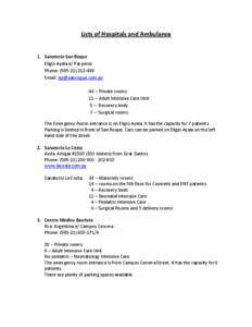 Lists of Hospitals and Ambulance 1. Sanatorio San Roque Eligio Ayala e/ Pai perez Phone: ([removed]Email: [removed] 64 – Private rooms