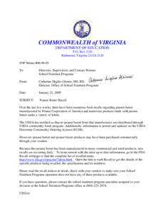 COMMONWEALTH of VIRGINIA DEPARTMENT OF EDUCATION P.O. Box 2120 Richmond, Virginia[removed]SNP Memo #[removed]To: