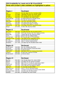 2016 Availability for week end ofandParks with at least 3 sites available are highlighted in yellow Region I Allis Ascutney