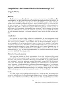 The personal use harvest of Pacific halibut through 2012 Gregg H. Williams Abstract Pacific halibut is taken throughout its range as a personal use harvest by several fisheries. The primary harvests are taken in the trea