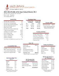 [removed]Profile of De Smet School District[removed]SW 3rd Ave, De Smet, SD[removed]Home County: Kingsbury Area in Square Miles: 313  Student Data