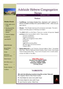 Adelaide Hebrew Congregation News February 3, 2012 Volume 2 Issue 1