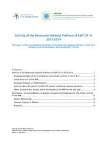 Activity of the Belarusian National Platform of EaP CSF inThe report of the Coordinating Committee of the Belarusan National Platform of the Civil Society Forum of the Eastern PartnershipContents