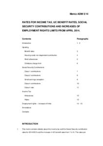 Memo ADM[removed]RATES FOR INCOME TAX, UC BENEFIT RATES, SOCIAL SECURITY CONTRIBUTIONS AND INCREASES OF EMPLOYMENT RIGHTS LIMITS FROM APRIL[removed]Contents