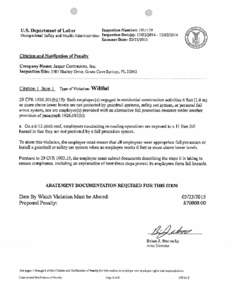 U.S. Department of Labor  Inspection Number: Occupational Safety and Health Administration Inspection Dnte(s): /2014 Issuance Date: 