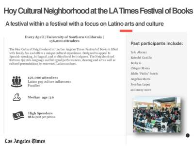 Hoy Cultural Neighborhood at the LA Times Festival of Books A festival within a festival with a focus on Latino arts and culture Every April | University of Southern California | 156,000 attendees The Hoy Cultural Neighb