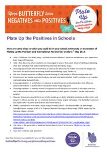 Plate Up the Positives in Schools Here are some ideas for what you could do in your school community in celebration of Plating Up the Positives and International No Diet Day on the 6th May 2014:   