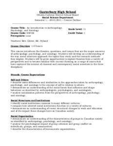 Canterbury High School Ottawa-Carleton District School Board Social Science Department Semester 1 – [removed] – Course Outline __________________________________________________________________________________ Course