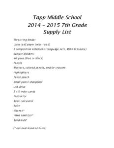 Tapp Middle School 2014 – 2015 7th Grade Supply List Three-ring binder Loose leaf paper (wide ruled) 3 composition notebooks (Language Arts, Math & Science)