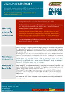 Voices Vic Fact Sheet 2 . Information to help voice hearers, carers/family, and workers to help reduce the distress that can be associated with hearing voices. To learn more, attend our training, visit our website or rea