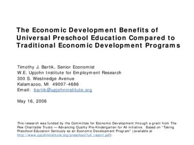 Taking Preschool Education Seriously as an Economic Development Program:   Effects on Jobs and Earnings of State Residents Compared to Traditional Economic Development Programs