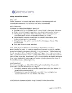 Fidelity Assessment Overview What Is It? Fidelity assessment is a process designed to determine if we are effectively and consistently implementing the CAPP Child and Family Practice Model. Why Do We Do It? Over time, th