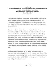 Testimony Re-Engrossed Senate Bill 2190 – Department of Human Services House Human Services Committee Representative Robin Weisz, Chairman March 11, 2013